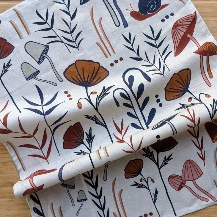 Mushrooms and Poppies Tea Towel by Jen Fox Studio